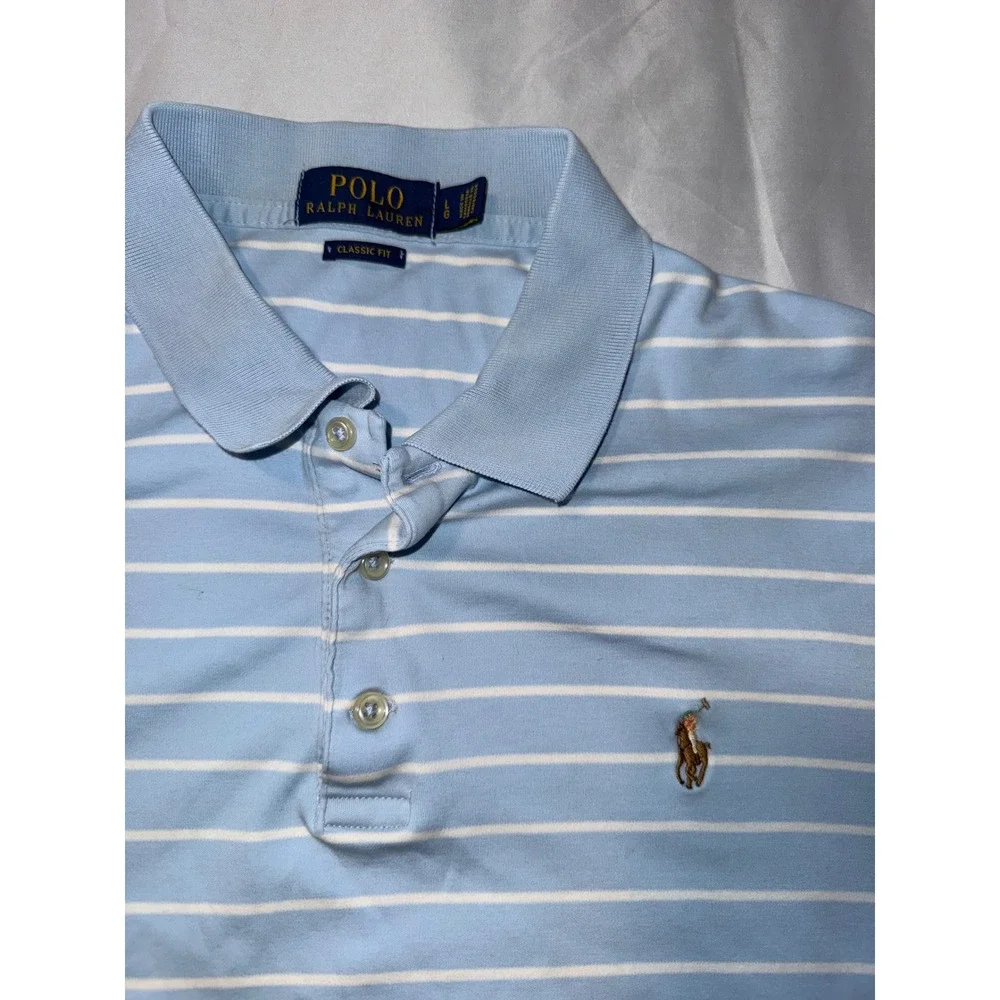 Polo Ralph Lauren Mens Large Classic Fit Light Blue White Striped Polo Shirt